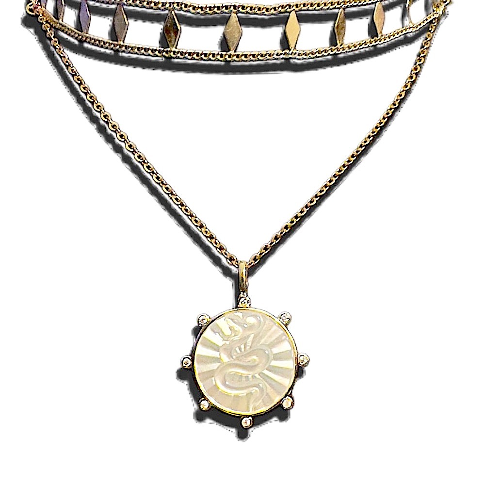 Real Gold Pearl Shell & CZ Round Snake Pendant Diamond Choker Two Layer Necklace